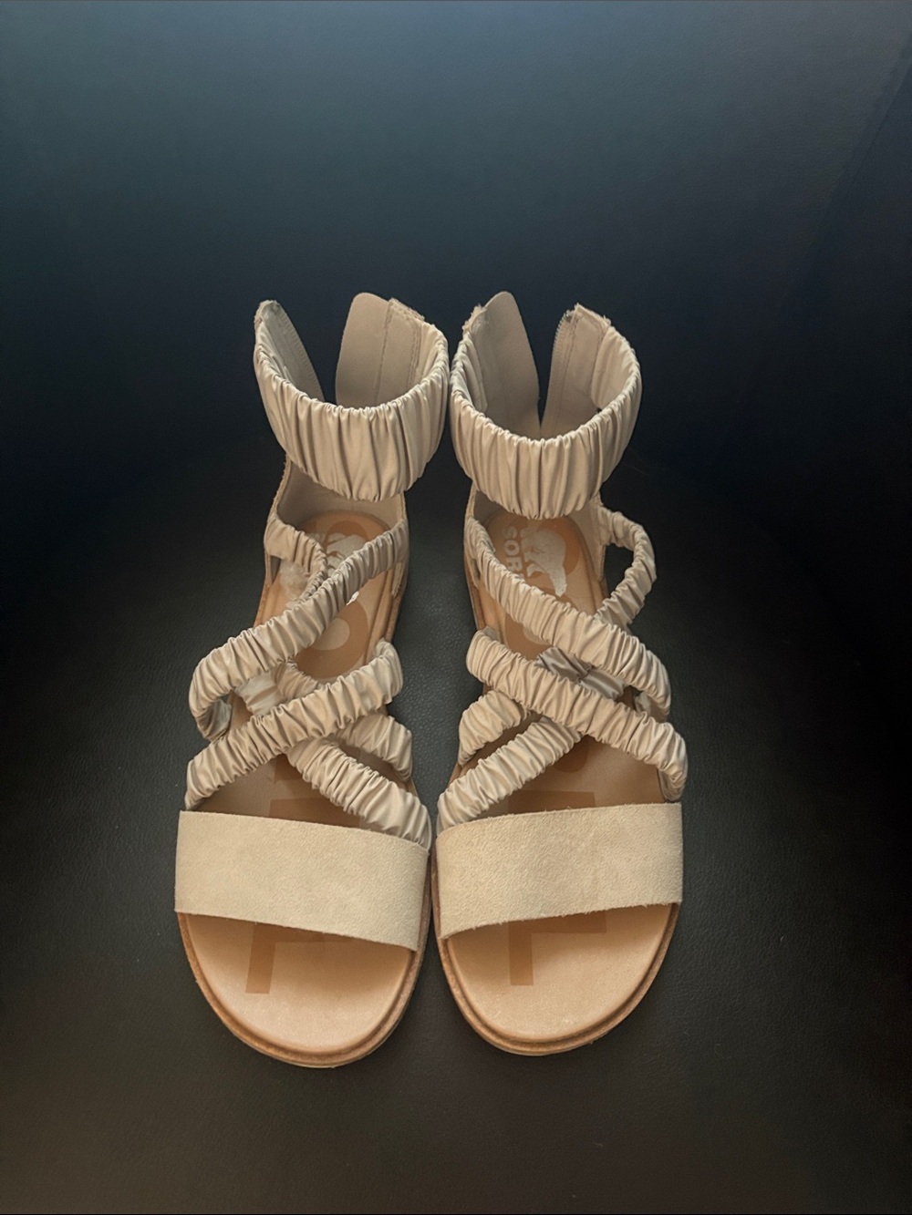 Sorel Beige Ruched Strap Ankle Sandals